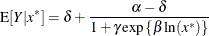 \[  \mr{E}[Y|x^*] = \delta + \frac{\alpha - \delta }{1+\gamma \exp \left\{ \beta \ln (x^*)\right\} }  \]