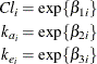 \begin{align*}  Cl_ i & = \exp \{ \beta _{1i}\}  \\ k_{a_ i} & = \exp \{ \beta _{2i}\}  \\ k_{e_ i} & = \exp \{ \beta _{3i}\}  \\ \end{align*}