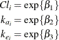 \begin{align*}  Cl_ i & = \exp \{ \beta _{1}\}  \\ k_{a_ i} & = \exp \{ \beta _{2}\}  \\ k_{e_ i} & = \exp \{ \beta _{3}\}  \\ \end{align*}