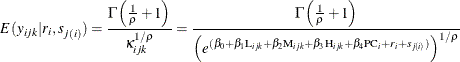 \begin{align*}  E(y_{ijk}|r_ i,s_{j(i)}) = \frac{\Gamma \left(\frac{1}{\rho }+1\right)}{\kappa _{ijk}^{1/\rho }} = \frac{\Gamma \left(\frac{1}{\rho }+1\right)}{\left(e^{(\beta _0 + \beta _1 \mr{L}_{ijk} + \beta _2 \mr{M}_{ijk} + \beta _3 \mr{H}_{ijk} + \beta _4\mr{PC}_ i + r_ i + s_{j(i)})}\right)^{1/\rho }} \end{align*}