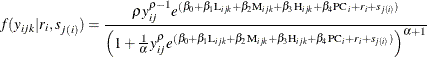 \begin{align*}  f(y_{ijk}|r_ i,s_{j(i)}) = \frac{\rho y_{ij}^{\rho -1} e^{(\beta _0 + \beta _1 \mr{L}_{ijk} + \beta _2 \mr{M}_{ijk} + \beta _3 \mr{H}_{ijk} + \beta _4\mr{PC}_ i + r_ i + s_{j(i)})}}{\left(1+\frac{1}{\alpha } y_{ij}^\rho e^{(\beta _0 + \beta _1 \mr{L}_{ijk} + \beta _2 \mr{M}_{ijk} + \beta _3 \mr{H}_{ijk} + \beta _4\mr{PC}_ i + r_ i + s_{j(i)})}\right)^{\alpha +1} } \end{align*}