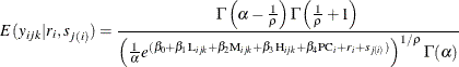 \begin{align*}  E(y_{ijk}|r_ i,s_{j(i)}) = \frac{\Gamma \left(\alpha -\frac{1}{\rho }\right)\Gamma \left(\frac{1}{\rho }+1\right)}{\left(\frac{1}{\alpha } e^{(\beta _0 + \beta _1 \mr{L}_{ijk} + \beta _2 \mr{M}_{ijk} + \beta _3 \mr{H}_{ijk} + \beta _4\mr{PC}_ i + r_ i + s_{j(i)})}\right)^{1/\rho }\Gamma (\alpha )} \end{align*}