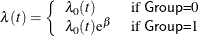 \[  \lambda (t)=\left\{  \begin{array}{ll} \lambda _{0}(t) &  \mbox{ if \Variable{Group}=0} \\ \lambda _{0}(t)\mr{e}^{\beta } &  \mbox{ if \Variable{Group}=1} \end{array} \right.  \]