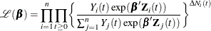 \[  \mc{L}(\bbeta ) = \prod _{i=1}^{n} \prod _{t \geq 0} \biggl \{  \frac{Y_{i}(t)\exp (\bbeta '\bZ _{i}(t))}{\sum _{j=1}^{n}Y_{j}(t)\exp (\bbeta '\bZ _{j}(t))} \biggr \} ^{\Delta N_{i}(t)}  \]