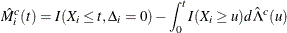 \[  \hat{M}_ i^ c(t) = I(X_ i \leq t, \Delta _ i=0) - \int _0^ t I(X_ i\geq u) d\hat{\Lambda }^ c(u)  \]