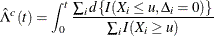 \[  \hat{\Lambda }^ c(t) = \int _0^ t \frac{\sum _ i d\{ I(X_ i \leq u, \Delta _ i=0) \} }{\sum _ i I(X_ i \geq u)}  \]