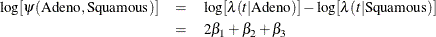 \begin{eqnarray*}  \log [\psi (\mbox{Adeno},\mbox{Squamous})] & =&  \log [\lambda (t|\mbox{Adeno})] - \log [\lambda (t|\mbox{Squamous})] \\ & =&  2 \beta _1 + \beta _2 + \beta _3 \end{eqnarray*}