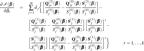 \begin{eqnarray*}  \frac{\partial \mc{I}(\bbeta )}{\partial \beta _ r} & =&  \sum _{j=1}^ m d_ j \biggl \{  \biggl [ \frac{\mb{Q}_{jr}^{(2)}(\bbeta )}{S_ j^{(0)}(\bbeta )} - \frac{\mb{Q}_{jr}^{(0)}(\bbeta )}{S_ j^{(0)}(\bbeta )} \frac{\mb{S}_{j}^{(2)}(\bbeta )}{S_ j^{(0)}(\bbeta )} \biggl ] - \\ & &  \biggl [ \frac{\mb{Q}_{jr}^{(1)}(\bbeta )}{S_ j^{(0)}(\bbeta )} - \frac{\mb{Q}_{jr}^{(0)}(\bbeta )}{S_ j^{(0)}(\bbeta )} \frac{\mb{S}_{j}^{(1)}(\bbeta )}{S_ j^{(0)}(\bbeta )} \biggl ] \biggl [\frac{\mb{S}_{j}^{(1)}(\bbeta )}{S_ j^{(0)}(\bbeta )} \biggl ]’ -\\ & &  \biggl [\frac{\mb{S}_{j}^{(1)}(\bbeta )}{S_ j^{(0)}(\bbeta )} \biggl ] \biggl [ \frac{\mb{Q}_{jr}^{(1)}(\bbeta )}{S_ j^{(0)}(\bbeta )} - \frac{\mb{Q}_{jr}^{(0)}(\bbeta )}{S_ j^{(0)}(\bbeta )} \frac{\mb{S}_{j}^{(1)}(\bbeta )}{S_ j^{(0)}(\bbeta )} \biggl ]’ \biggr \}  \hspace{1cm} r=1,\ldots ,k \end{eqnarray*}