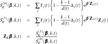 \begin{eqnarray*}  S_ E^{(0)}(\bbeta ,k, t) & =&  \sum _{j} Y_{j}(t) \biggl \{ 1- \frac{k-1}{d(t)} \Delta _{j}(t) \biggr \} \mr{e}^{\bbeta '\bZ _{j}(t)} \\ S_ E^{(1)}(\bbeta ,k,t) & =&  \sum _{j} Y_{j}(t) \biggl \{ 1- \frac{k-1}{d(t)} \Delta _{j}(t) \biggr \}  \mr{e}^{\bbeta '\bZ _{j}(t)} \bZ _{j}(t) \\ \bar{\bZ }_ E\bbeta ,k,t) & =&  \frac{ S_ E^{(1)}(\bbeta ,k,t)}{ S_ E^{(0)}(\bbeta ,k,t) } \end{eqnarray*}