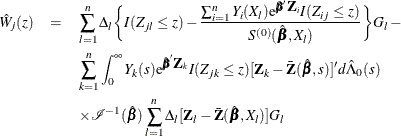 \begin{eqnarray*}  \hat{W}_{j}(z) &  = &  \sum _{l=1}^ n \Delta _ l \biggl \{ I(Z_{jl} \le z) - \frac{\sum _{i=1}^ n Y_ i(X_ l)\mr{e}^{\bbeta '\bZ _ i}I(Z_{ij}\le z)}{S^{(0)}(\hat{\bbeta },X_ l)}\biggr \} G_ l - \\ & &  \sum _{k=1}^ n \int _0^\infty Y_ k(s) \mr{e}^{\hat{\bbeta }'\bZ _ k} I(Z_{jk} \le z) [\bZ _ k - \bar{\bZ }(\hat{\bbeta },s)]’d\hat{\Lambda }_0(s) \\ & &  \times \mc{I}^{-1}(\hat{\bbeta }) \sum _{l=1}^ n \Delta _ l [\bZ _ l -\bar{\bZ }(\hat{\bbeta },X_ l) ] G_ l \\ \end{eqnarray*}