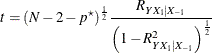 \[  t = (N-2-p^\star )^\frac {1}{2} \frac{R_{Y X_1|X_{-1}}}{\left(1 - R^2_{Y X_1|X_{-1}}\right)^\frac {1}{2}}  \]