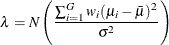 \[  \lambda = N \left( \frac{\sum _{i=1}^{G} w_ i (\mu _ i - \bar{\mu })^2}{\sigma ^2} \right)  \]