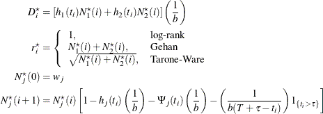 \begin{align*}  D_ i^\star & = \left[ h_1(t_ i) N_1^\star (i) + h_2(t_ i) N_2^\star (i) \right] \left( \frac{1}{b} \right) \\ r_ i^\star & = \left\{  \begin{array}{ll} 1, &  \mbox{log-rank} \\ N_1^\star (i) + N_2^\star (i), &  \mbox{Gehan} \\ \sqrt {N_1^\star (i) + N_2^\star (i)}, &  \mbox{Tarone-Ware} \\ \end{array} \right. \\ N_ j^\star (0) & = w_ j \\ N_ j^\star (i+1) & = N_ j^\star (i) \left[ 1 - h_ j(t_ i) \left( \frac{1}{b} \right) - \Psi _ j (t_ i) \left( \frac{1}{b} \right) - \left( \frac{1}{b(T + \tau - t_ i)} \right) 1_{\{ t_ i > \tau \} } \right] \\ \end{align*}