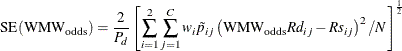 \begin{align*}  \mr{SE}(\mr{WMW}_\mr {odds}) = \frac{2}{P_ d} \left[ \sum _{i=1}^2 \sum _{j=1}^ C w_ i \tilde{p}_{ij} \left(\mr{WMW}_\mr {odds} Rd_{ij} - Rs_{ij} \right)^2 /N \right]^{\frac{1}{2}} \end{align*}