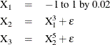 \begin{eqnarray*}  \textrm{X}_1 &  = &  -1\;  \textrm{to} \; 1\;  \textrm{by} \; 0.02 \\ \textrm{X}_2 &  = &  \textrm{X}_1^3 + \epsilon \\ \textrm{X}_3 &  = &  \textrm{X}_2^5 + \epsilon \end{eqnarray*}