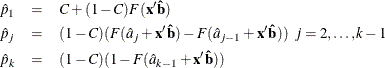 \begin{eqnarray*}  {\hat p}_1 & =&  C + (1-C) F( \mb{x}^{\prime } {\mb{\hat b}}) \\ {\hat p}_ j & =&  (1-C) (F({\hat a}_ j + \mb{x}^{\prime } {\mb{\hat b}}) - F({\hat a}_{j-1} + \mb{x}^{\prime } {\mb{\hat b}})) \; \;  j=2,\ldots ,k-1 \\ {\hat p}_ k & =&  (1-C) (1- F({\hat a}_{k-1} + \mb{x}^{\prime } {\mb{\hat b}})) \\ \end{eqnarray*}