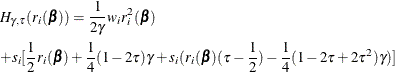 \begin{eqnarray*} & &  H_{\gamma ,\tau }(r_ i(\bbeta )) = {\frac1{2\gamma }} w_ i r_ i^2(\bbeta ) \\ & &  + s_ i [ {\frac12} r_ i(\bbeta ) + {\frac14}(1-2\tau )\gamma + s_ i( r_ i(\bbeta )(\tau -{\frac12}) - {\frac14}( 1 - 2\tau + 2\tau ^2)\gamma )] \end{eqnarray*}