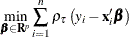 \[  \min _{\bbeta \in \mb{R}^ p} \sum _{i=1}^ n \rho _\tau \left(y_ i-\mb{x}_ i^{\prime }\bbeta \right) \]