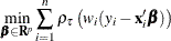 \[  \min _{\bbeta \in \mb{R}^ p} \sum _{i=1}^ n \rho _\tau \left(w_ i(y_ i-\mb{x}_ i^{\prime }\bbeta )\right) \]