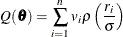 \[ Q(\btheta ) = \sum _{i=1}^ n v_ i \rho \left({r_ i \over \sigma }\right) \]