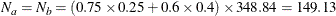 \[  N_{a} = N_{b} = \left( 0.75 \times 0.25 + 0.6 \times 0.4 \right) \times 348.84 = 149.13  \]