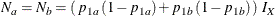 \[  N_{a} = N_{b} =\left( \,  p_{1a} \,  (1-p_{1a}) + p_{1b} \,  (1-p_{1b}) \,  \right) \,  I_{X}  \]