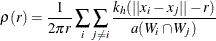 \[  \rho (r) = \frac{1}{2\pi r }\sum _ i \sum _{j\ne i} \frac{k_ h(||x_ i - x_ j||-r)}{a(W_ i \cap W_ j)} \]