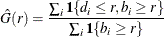 \[  \hat{G}(r) = \frac{\sum _ i \Strong{1}\{ d_ i \leq r, b_ i \geq r \} }{\sum _ i\Strong{1}\{ b_ i \geq r\} } \]