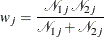 \[  w_ j = \frac{{\mathcal N}_{1j} \,  {\mathcal N}_{2j}}{{\mathcal N}_{1j} + {\mathcal N}_{2j}}  \]