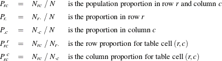 \[  \begin{array}{lcll} P_{rc} &  = &  N_{rc} ~  / ~  N &  \mbox{is the population proportion in row } r \mbox{ and column } c \\[0.08in] P_{r.} &  = &  N_{r \cdot } ~  / ~  N &  \mbox{is the proportion in row } r \\[0.08in] P_{.c} &  = &  N_{\cdot c} ~  / ~  N &  \mbox{is the proportion in column } c\\[0.08in] P_{rc}^{~ r} &  = &  N_{rc} ~  / ~  N_{r \cdot } &  \mbox{is the row proportion for table cell } (r, c) \\[0.08in] P_{rc}^{~ c} &  = &  N_{rc} ~  / ~  N_{\cdot c} &  \mbox{is the column proportion for table cell } (r, c) \end{array}  \]