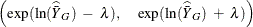 \[  \left( \exp ( \ln (\widehat{\bar{Y}}_ G) ~  - ~  \lambda ), ~ ~ ~ ~  \exp ( \ln (\widehat{\bar{Y}}_ G) ~  + ~  \lambda ) \right)  \]