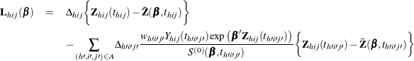 \begin{eqnarray*}  \bL _{hij}(\bbeta ) &  = &  \Delta _{hij}\biggl \{ \bZ _{hij}(t_{hij}) - \bar{\bZ }(\bbeta , t_{hij})\biggr \}  \\ & &  - \sum _{(h\prime , i\prime , j\prime ) \in A} \Delta _{h\prime i\prime j\prime } \frac{w_{h\prime i\prime j\prime }Y_{hij}(t_{h\prime i\prime j\prime }) \exp \left( \bbeta ' \bZ _{hij}(t_{h\prime i\prime j\prime }) \right) }{S^{(0)}(\bbeta ,t_{h\prime i\prime j\prime })} \biggl \{ \bZ _{hij}(t_{h\prime i\prime j\prime }) - \bar{\bZ }(\bbeta ,t_{h\prime i\prime j\prime })\biggr \}  \end{eqnarray*}