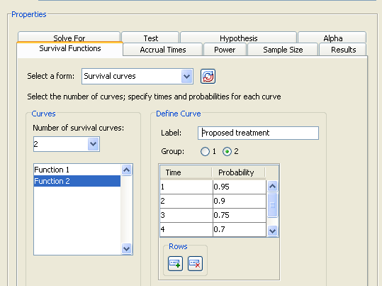 Survival Times and Probabilities for Curve 2