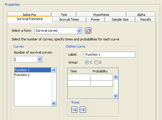 Survival Functions Tab with Number of Curves