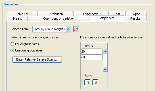 Sample Size Tab with Group Weights Form