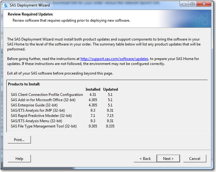Review Required Updates Step in the SAS Deployment Wizard